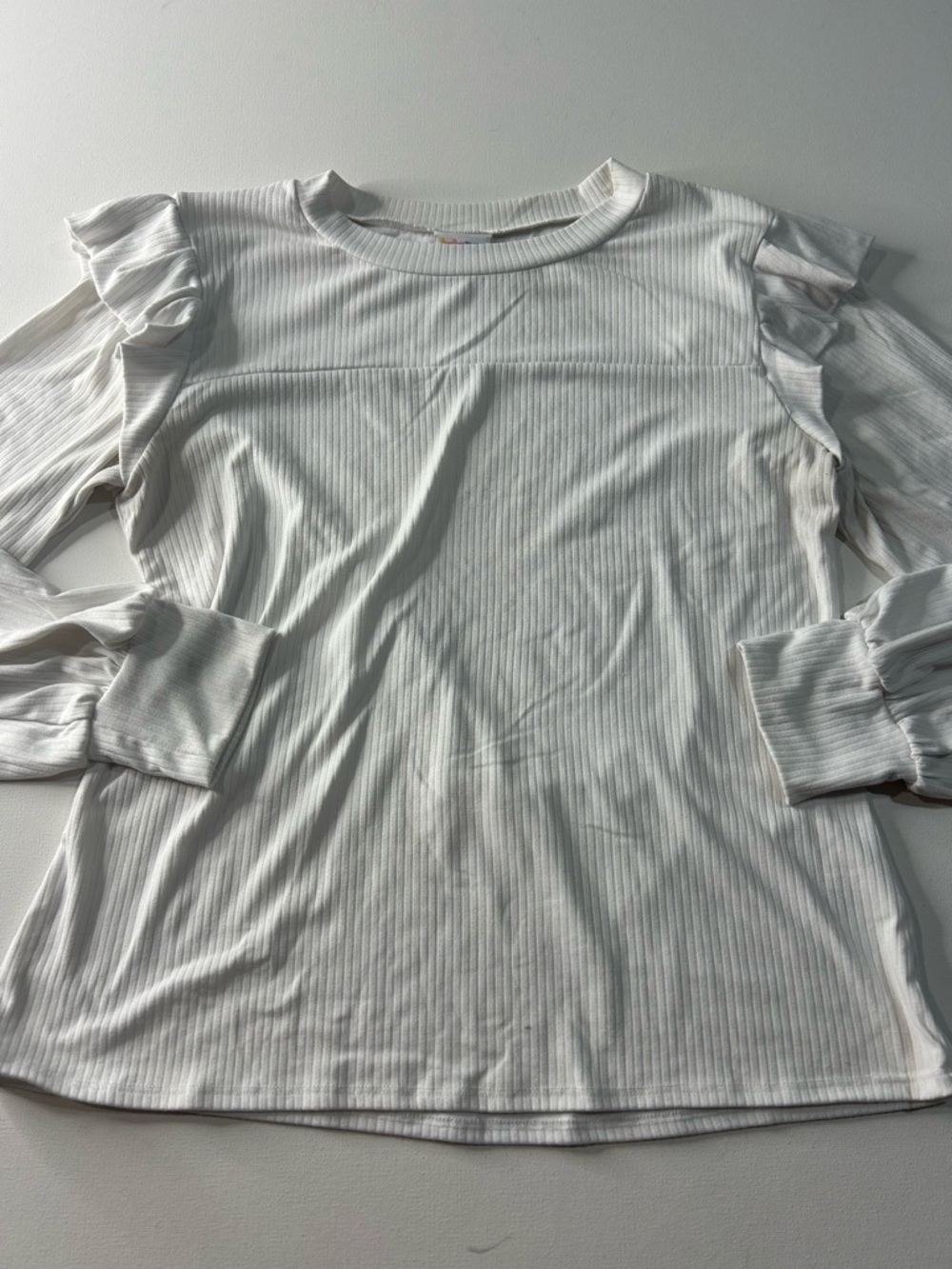 LuLaRoe Medium Ribbed Ruffle Shoulder Long Sleeve Top - White